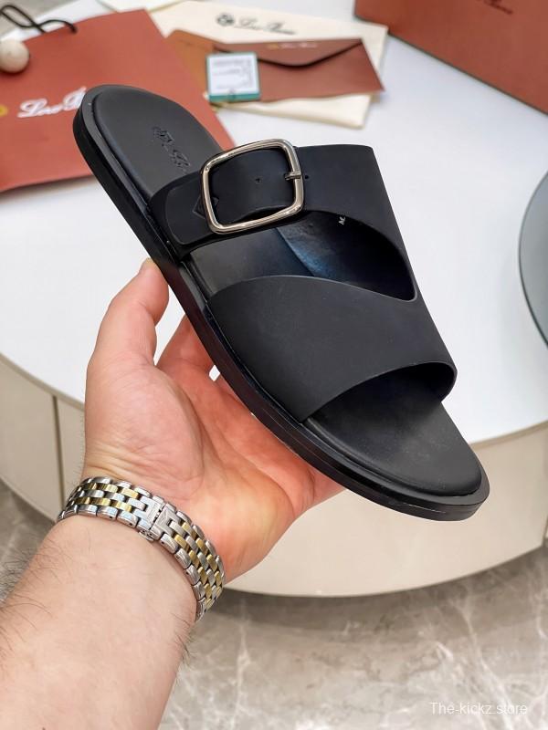 2025 Men Loro Piana Black Leather Slippers Buckle AS00250