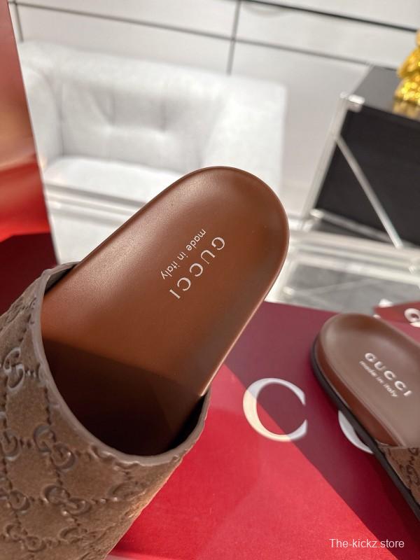 2025 Unisex Gucci Brown Leather Slippers Top Version AS00240