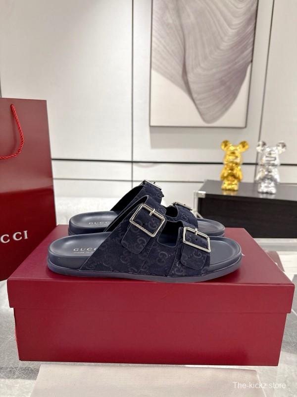 2025 Unisex Gucci Black Leather Fabric Slippers Double G Embossed AS00240