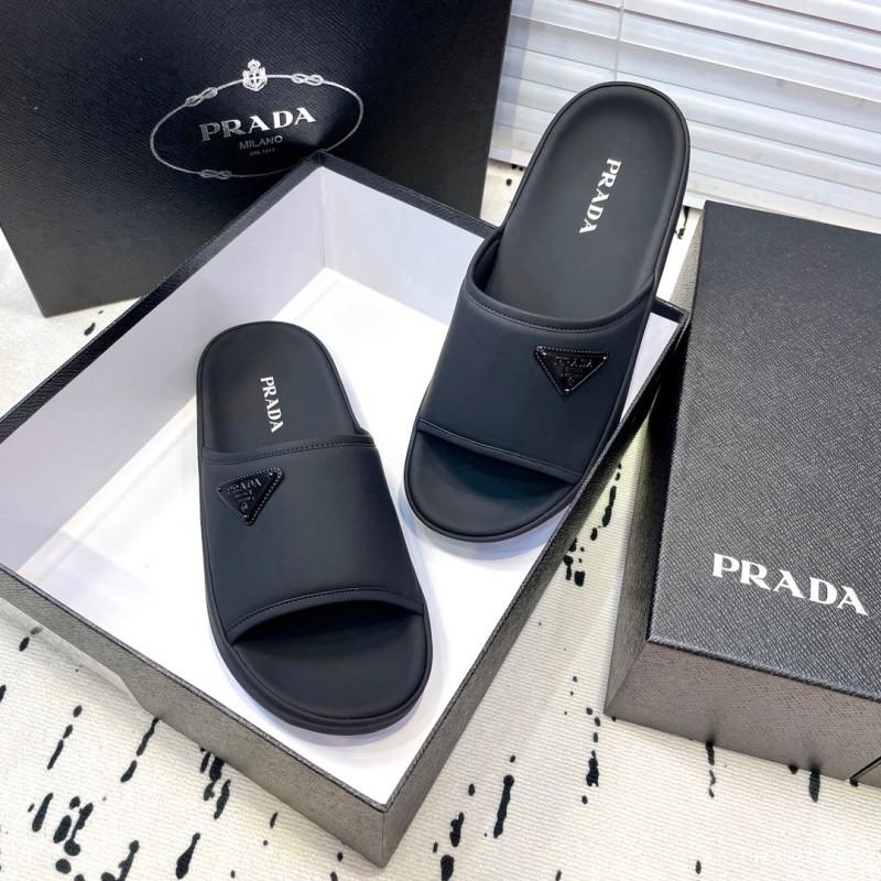 2025 Men Prada Black Fabric Slippers Logo KFY00230