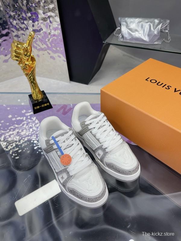 2025 Unisex Louis Vuitton White Silver Leather Fabric Plimsolls Handcrafted Crystals AS00400