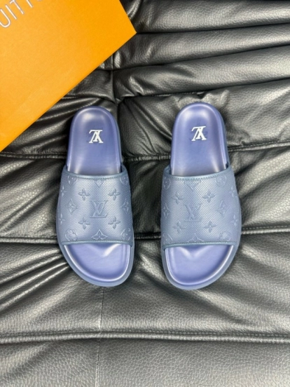 2025 Men Louis Vuitton Blue Leather Slippers AS00170