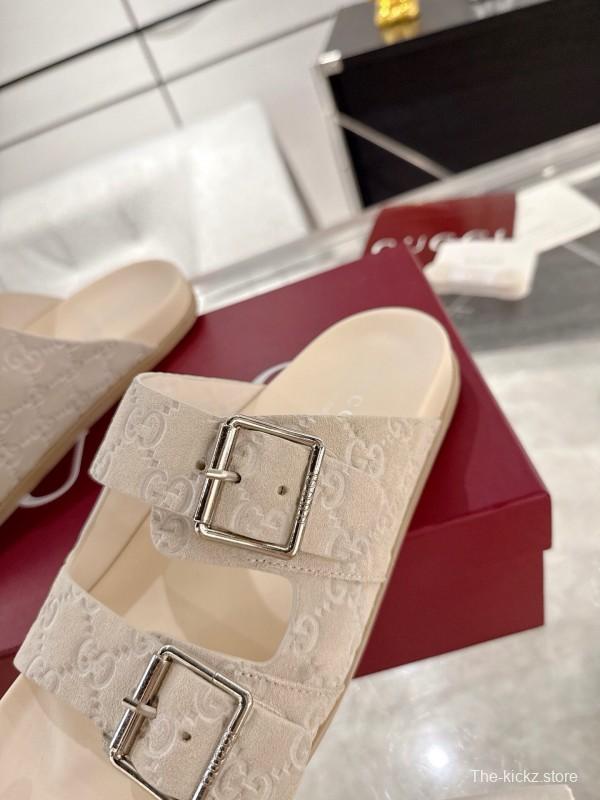 2025 Women Gucci White Leather Slippers Double G Embossed AS00240