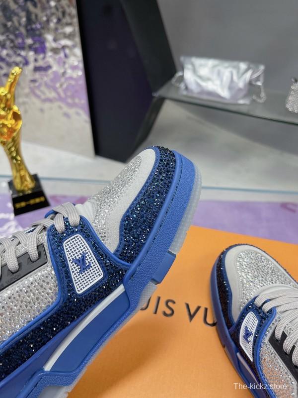 2025 Women Louis Vuitton Blue White Cow Leather Fabric Plimsolls Handcrafted Crystals AS00400