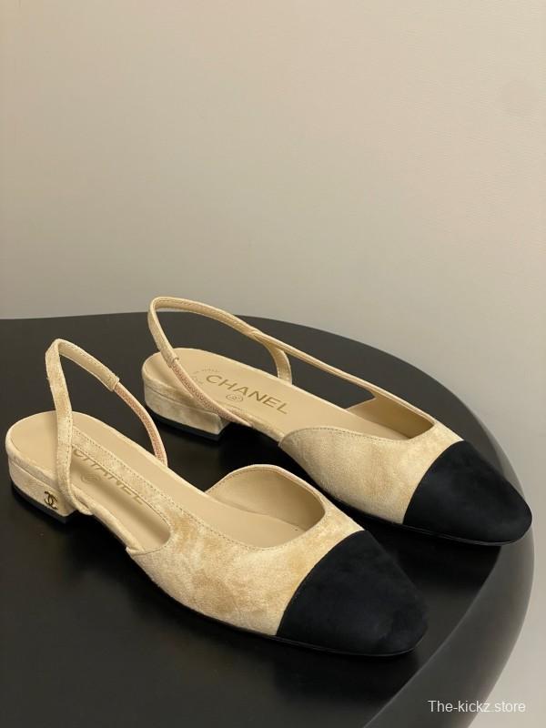 Chanel Sling-back Two-tone Suede Slingback Sandals Flat/Block Heel - KFY00280