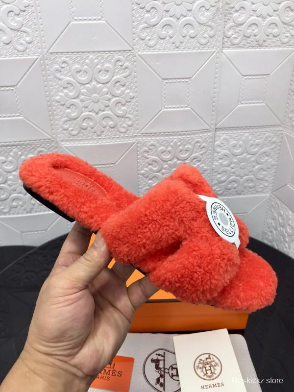 H Teddy Wool H Slippers Flat Sole Fur Slides - LY00240