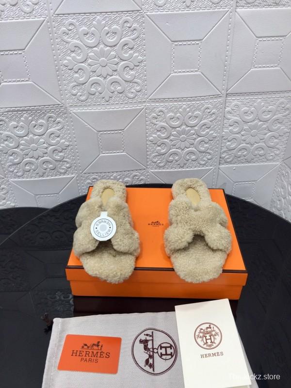 H Teddy Wool H Slippers Flat Sole Winter Home Shoes - LY00240